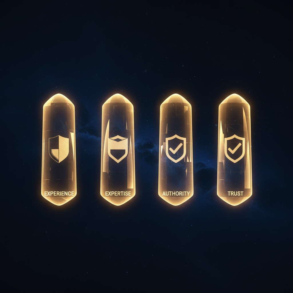 Visual van E-E-A-T pijlers: vier glowing pillars voor Experience, Expertise, Authority, Trust