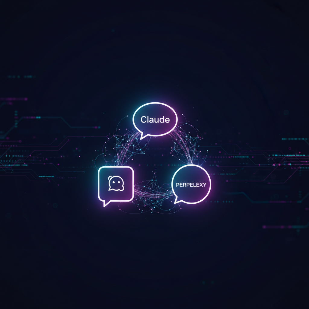 Visual van Generative Engine Optimization: chat bubbles voor ChatGPT, Claude en Perplexity verbonden door neural network