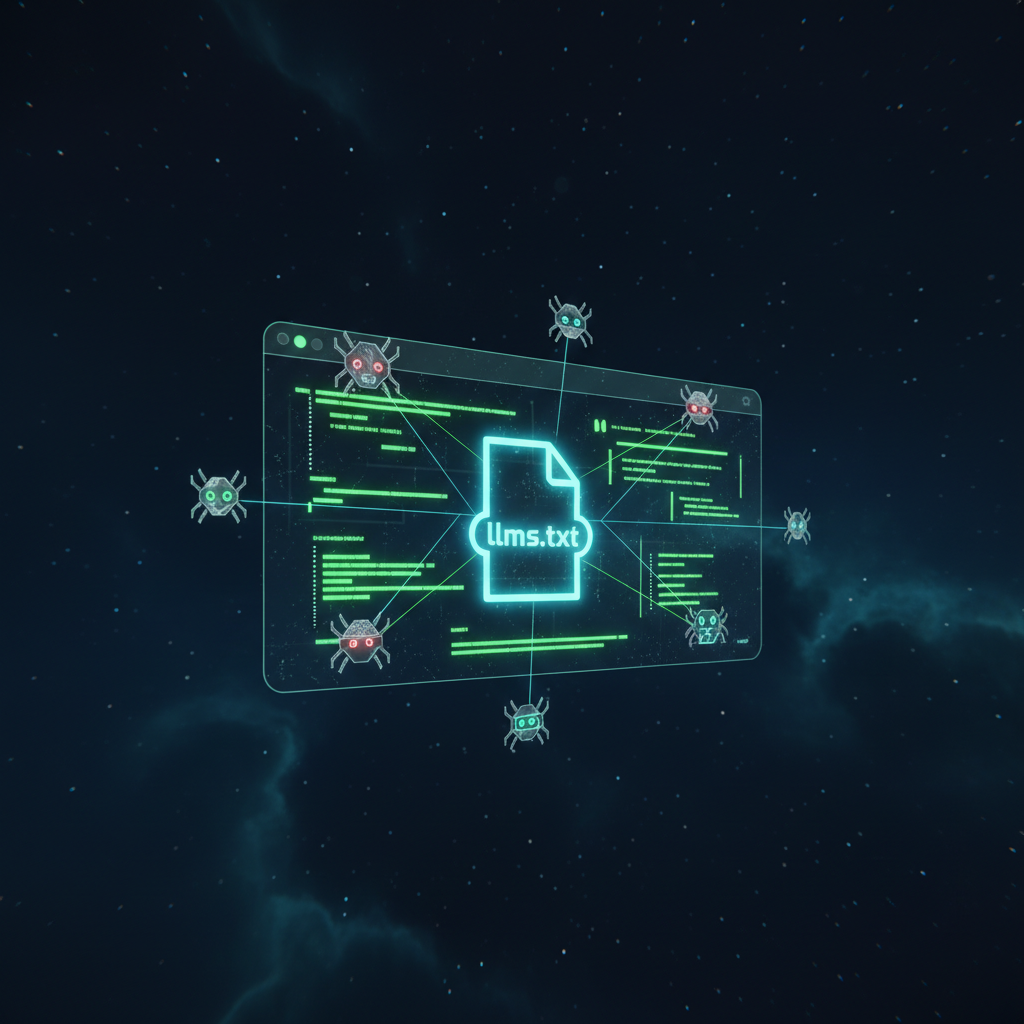 Visual van llms.txt: code-document interface in dark cyberpunk stijl met AI crawler iconen